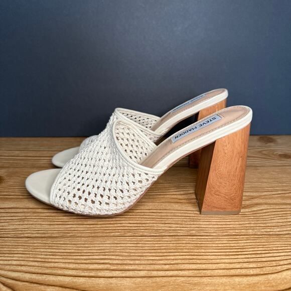 Steve Madden Cream Crochet Knit Block Heel Mules Womens 11 Cataleya - Picture 1 of 12